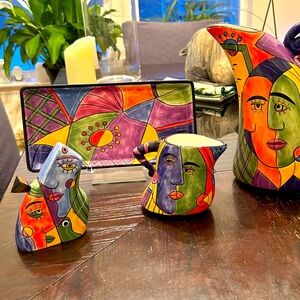 Picasso like pitcher. Creamer, sugar jar, salt/pepper shaker & small tray